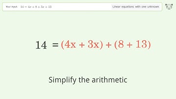 Solve 14=4x+8+3x+13: Linear Equation Video Solution | Tiger Algebra