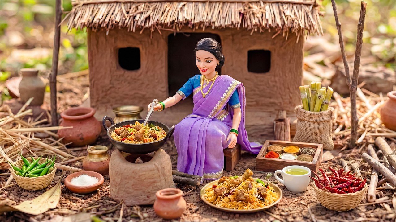 Miniature Doll Lamb Biryani & Fresh Sugarcane Juice Cooking ASMR | Indian Village Tiny Kitchen Story