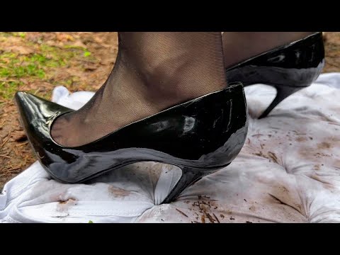 Stiletto High Heels stomping t-shirts into ground, t-shirts crushed by high heels pumps (# 1039)
