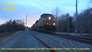Four Engine Locomotives Leading CSX #833 Mixed Manifest Freight Train in East Aiken