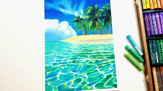 Oil pastel drawing Emerald Sea landscape  / how to draw waves