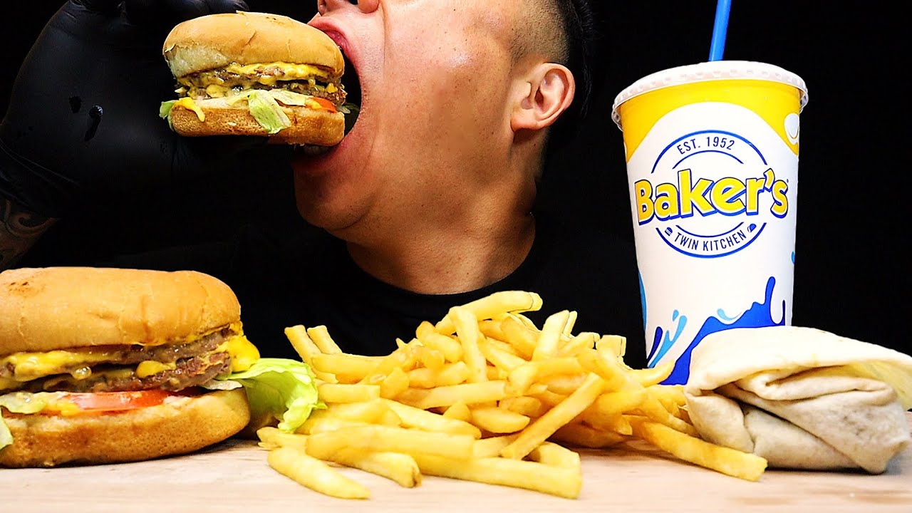 ASMR BAKERS DOUBLE CHEESEBURGER & STUFFED GROUND BEEF BURRITO & FRIES