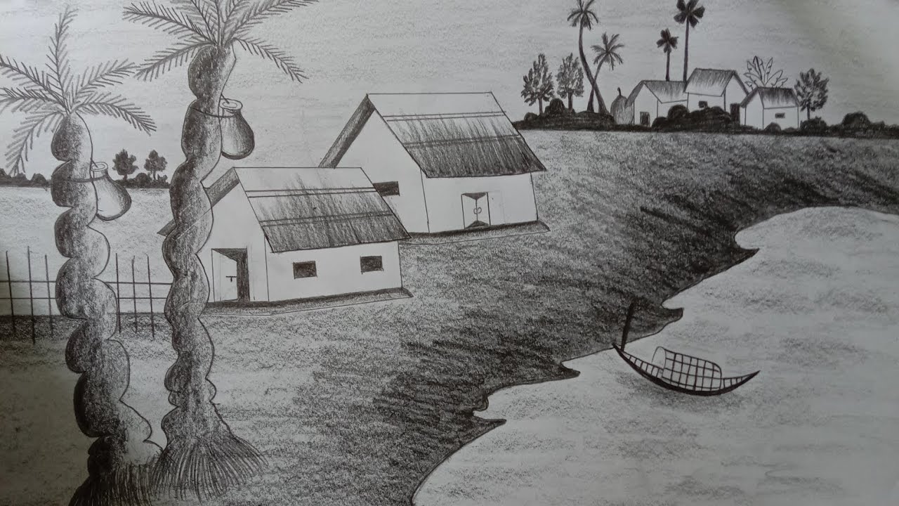 How to draw a village scenery || pencil sketch step by step || Drawing ...