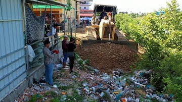 Amazing New Actions!! Land Fill and Clear Garbage Dump by Skills Dozer D60 Pushing into Water