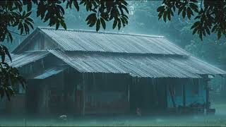 Intense Rainstorm & Scary Thunder on Metal Roof in Shadowy Nighttime Forest.