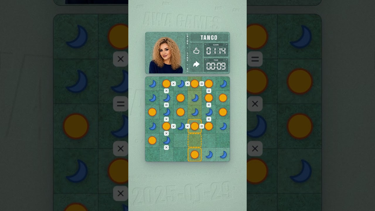 LinkedIn Tango #114 solved board for January 29, 2025, 6x6 grid