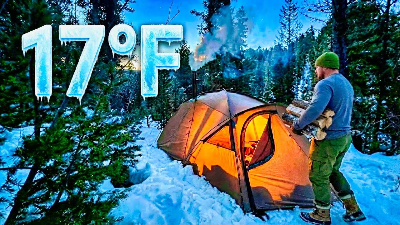 Solo Winter Camping in Deep Snow — 17°F Hot Tent Overnight