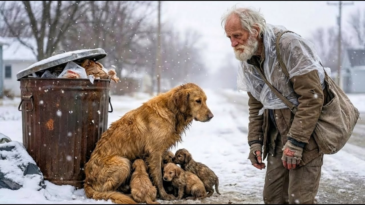 Rescue Animal The Kind-Hearted Poor Old Man Rescues a Mother and Baby Dogs from the Freezing Snow