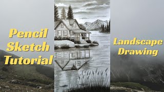 Pencil Landscape Drawing Tutorial | House & Lake Reflection Sketch Step by Step.