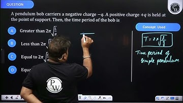 A pendulum bob carriers a negative charge \(-q\). A positive charge \(+q\) is held at the point o...
