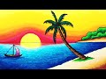How to draw sunset in tropical beach for beginners  easy nature scenery drawing step by step