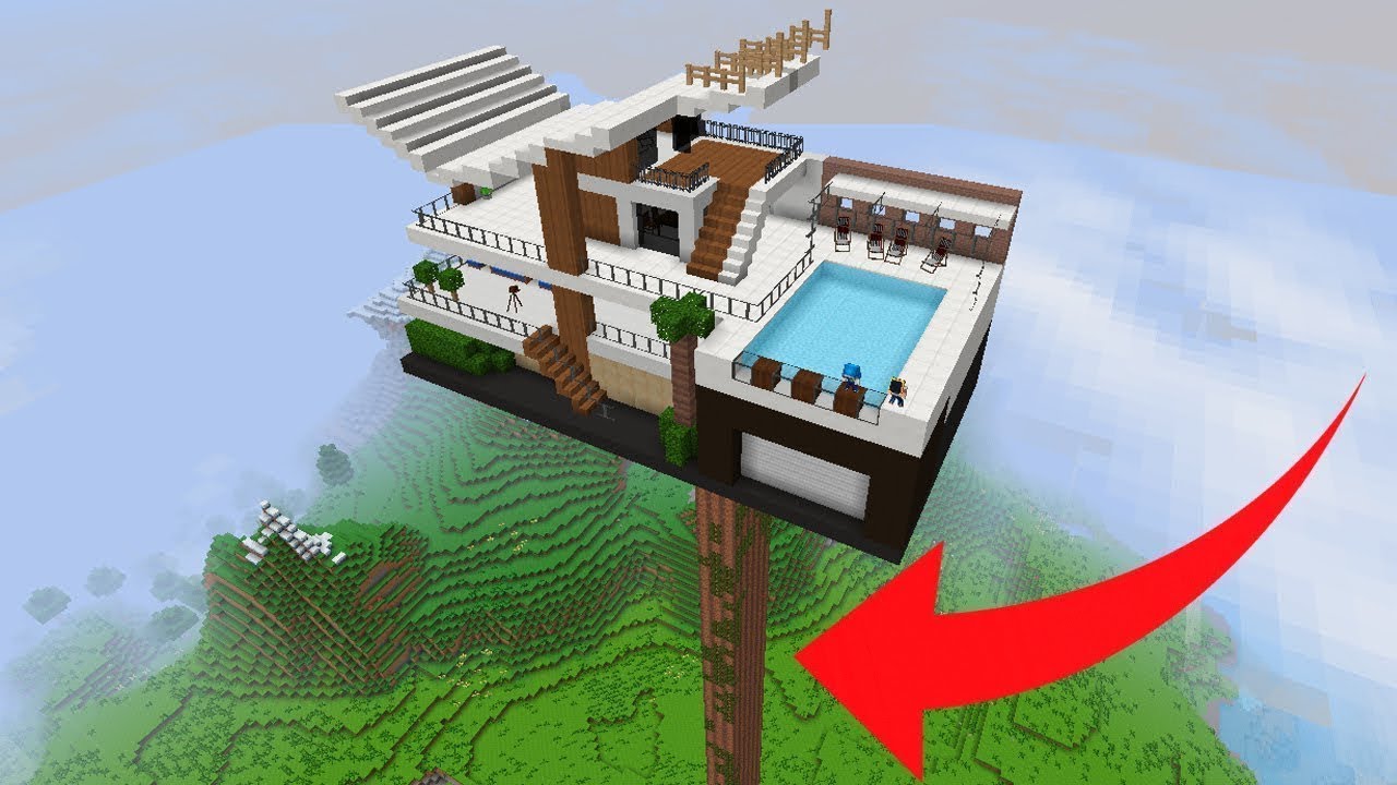 Uma casa moderna em minecraft, com o céu ao fundo.