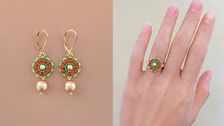DIY Festive Beaded Earrings and Beaded Ring Set. How to Make Beaded Jewelry. Beading Tutorial.
