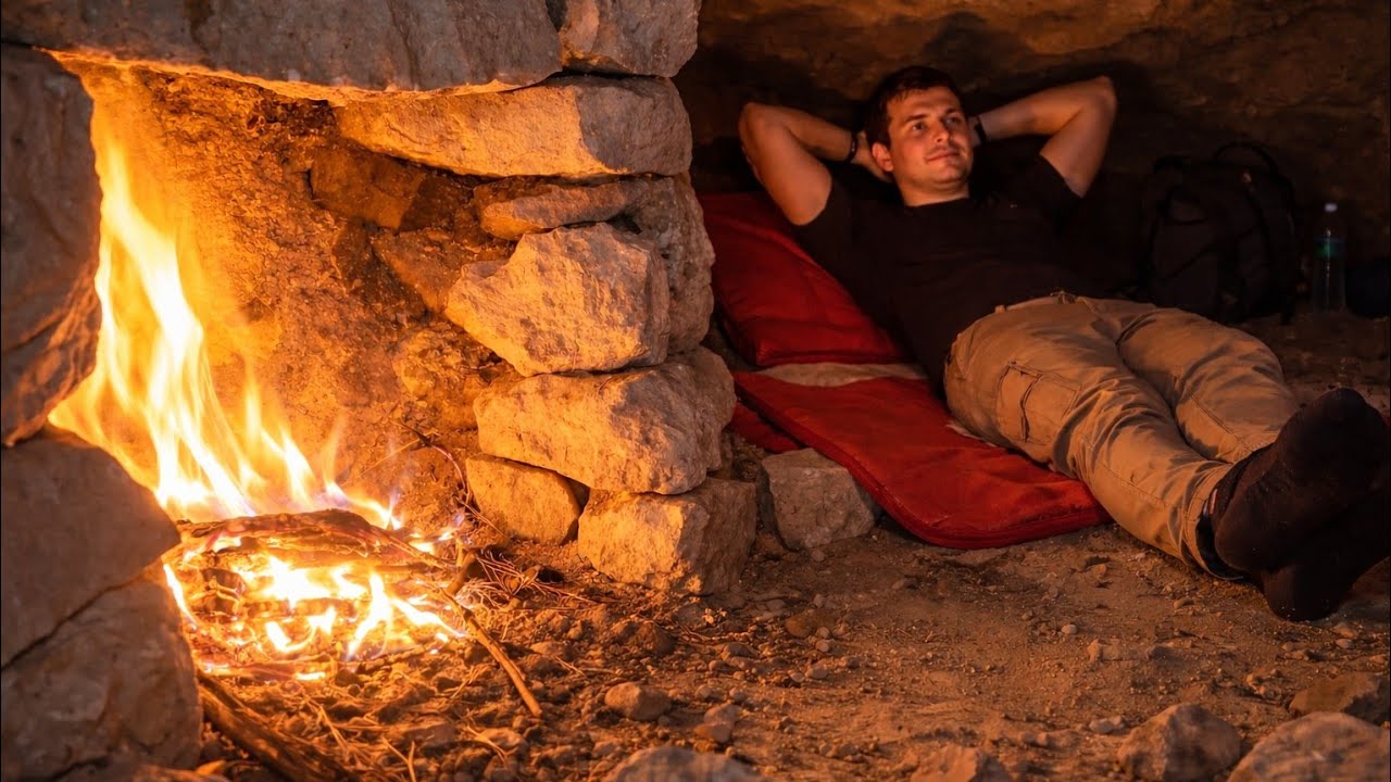 I turned an abandoned rock cave into a warm and cozy den. Winter camping.