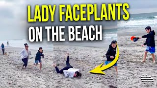 Lady Faceplants on the Beach Into Sand Chasing a Boy