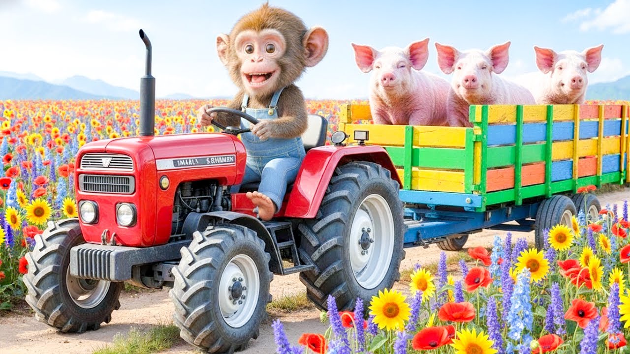 Monkey Ride Tractor Farm monkey drives tractor to harvest corn and rescue piglets from fire ...