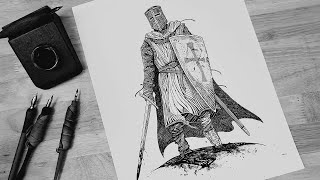 Inking Textures Crusader Knight Pen and Ink Drawing