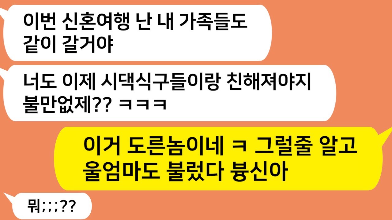 (톡톡드라마) 노총각 남편과 결혼했더니 신혼 여행에 시댁식구들 모두 데리고 간다는데..이거 도른놈이네 ㅋㅋ 울엄마도 불렀더니 남편 표정 대박/카톡썰