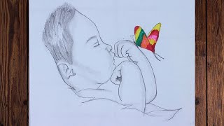 How to draw a baby playing with butterfly