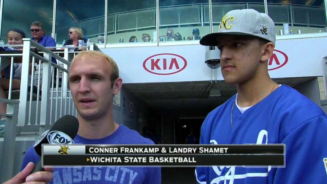 CWS@KC: Wichita State basketball players' first pitch