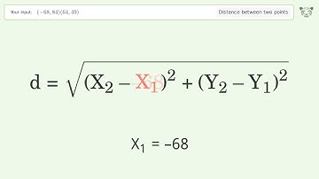 Find the distance between two points p1 (-68,84) and p2 (64,49): Step-by-Step Video Solution
