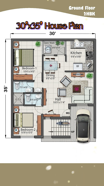 30'× 35' House Plan, 2BHK, 30 by 35 Home Plan, 30*35 House Design with Car Parking, #indianstyle