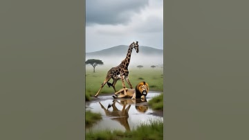 the giraffe mother fought furiously against the lion and drove the strong enemy away by biting