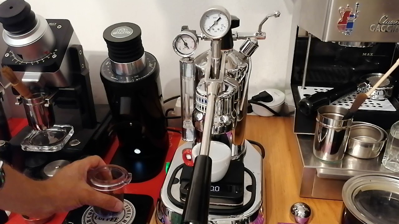 GIota Coffee Grinder and La Pavoni naked espresso extraction YouTube