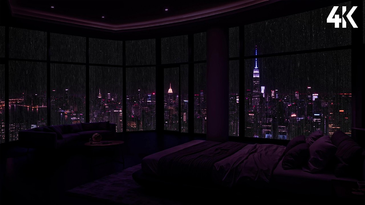 Rainy Night in a Luxury NYC Penthouse | Rain Sounds & City Skyline Sounds for Deep Sleep