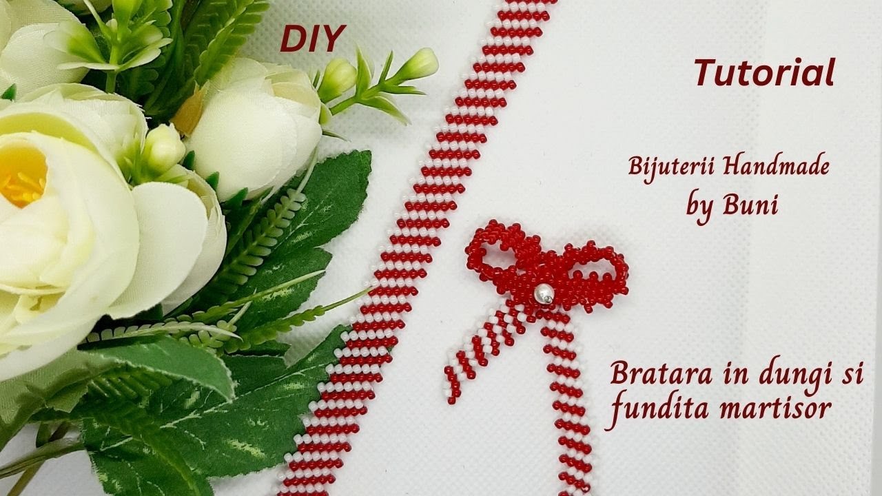 DIY Bratara peyote diagonal in dungi si Fundita - martisor/ Beaded peyote bracelet and beaded bow