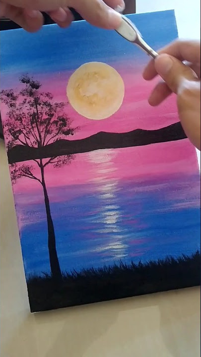 Cara melukis pemandangan langit malam bulan bintang pohon di kanvas #nightpainting #belajarmelukis