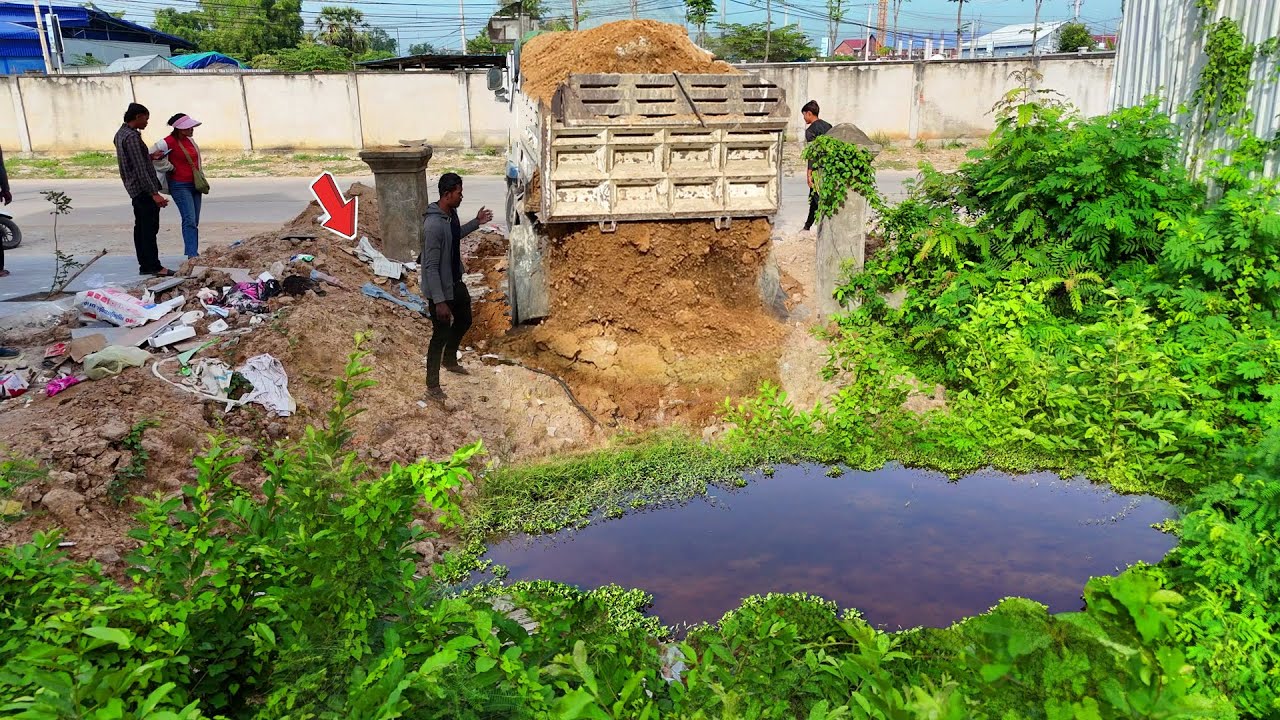 Nicely! Start New Landfill Using Dozer D20P Filling Old Pond with Dump Truck 5Ton Unloaded