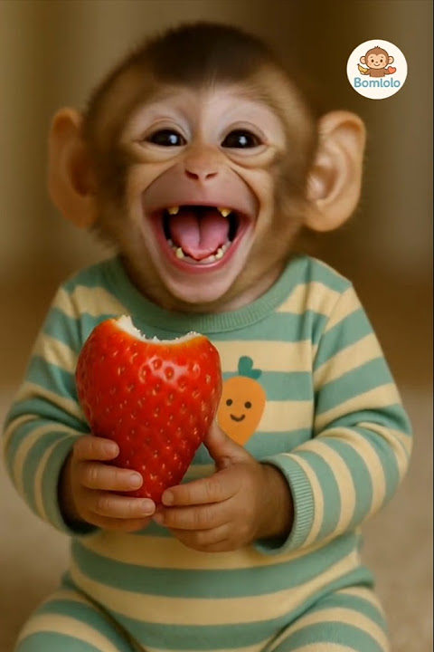 baby monkey eating strawberry