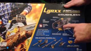 Unboxing and assembly of the Lynxx 40 volt brushless chainsaw.
