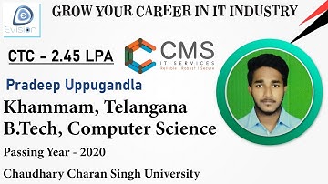 Congrats, Pradeep | Selected in CMS Solutions | 2.45 LPA | COMPUTERS SCIENCE, Passing 2020 | Khammam