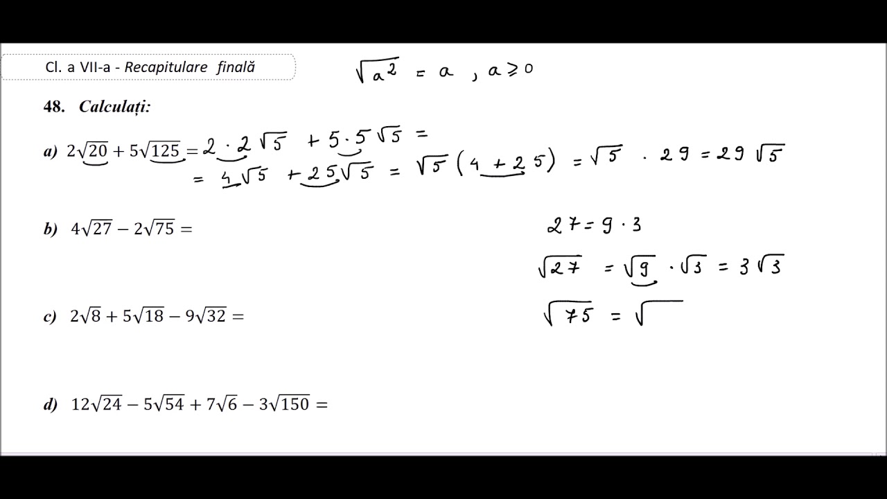 Cl a VII-a - Recapitulare finală - ex. 48 - Calculati 12√24−5√54+7√6−3√150  - YouTube