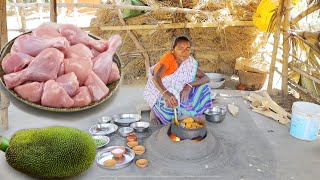 jackfruit chicken curry cooking&eating by our santali tribe grandmaa || chicken curry recipe