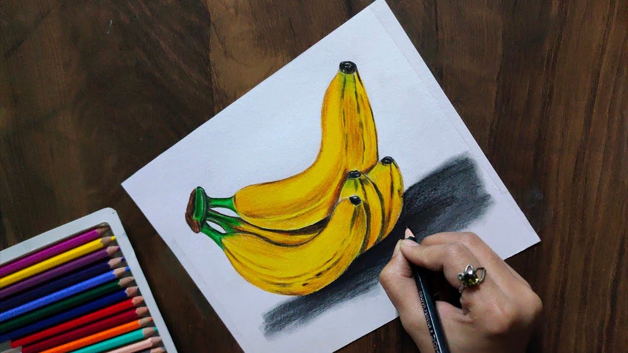 Bananas drawing in color pencils Realistic banana step by step