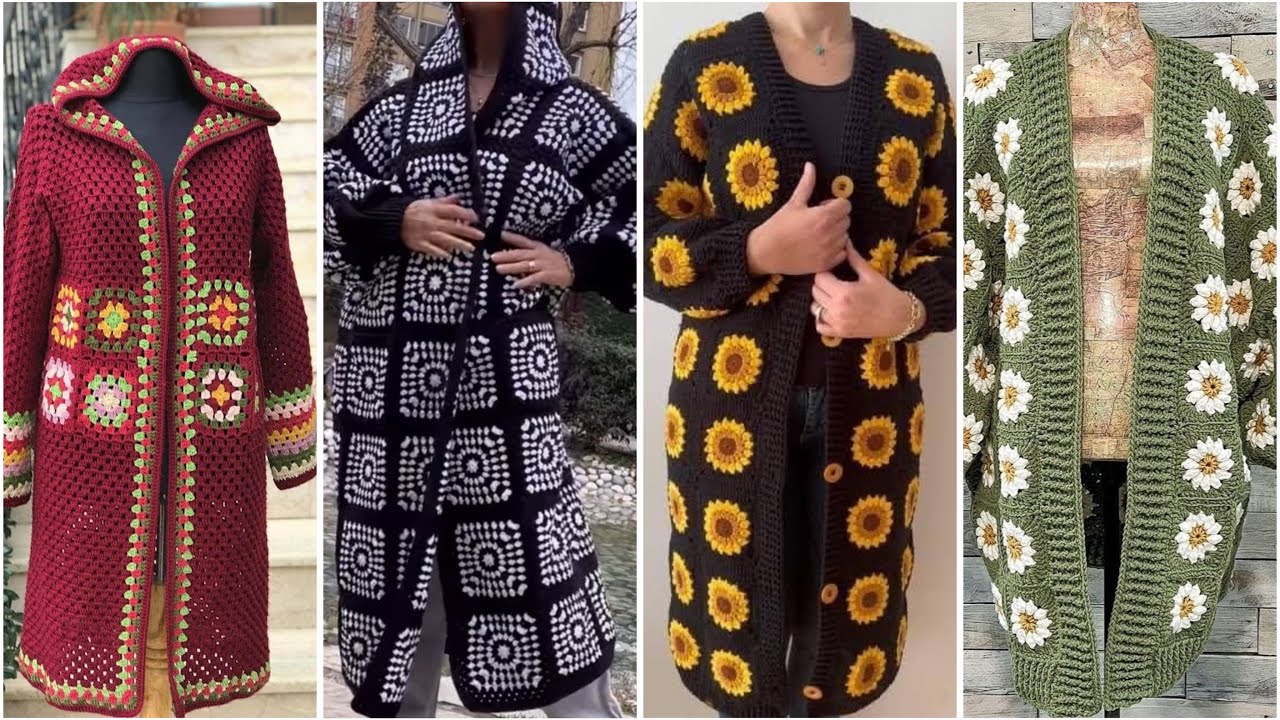 Gorgeous granny crochet square pattern long cardigan designs ideas 