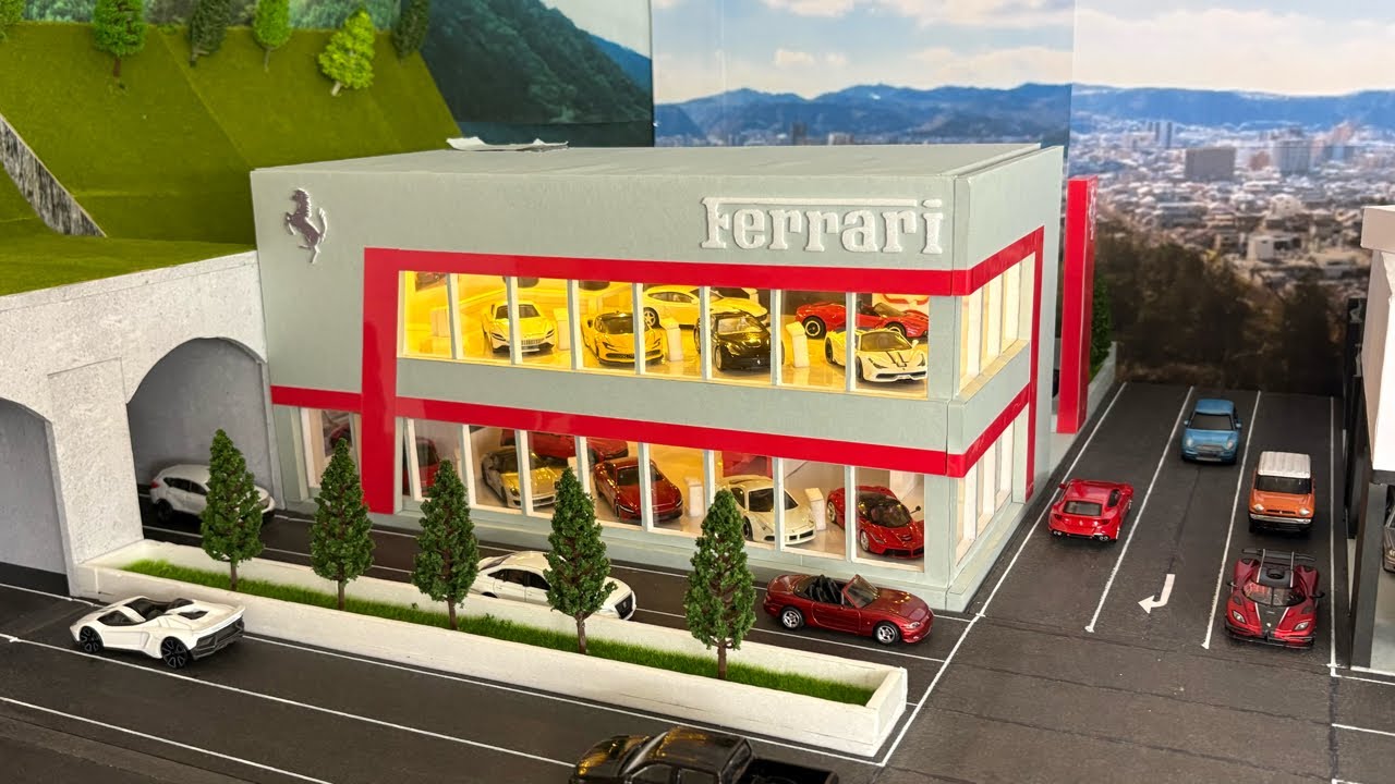 1/64自作ジオラマ】巨大！フェラーリディーラー作ってみた！裏には整備