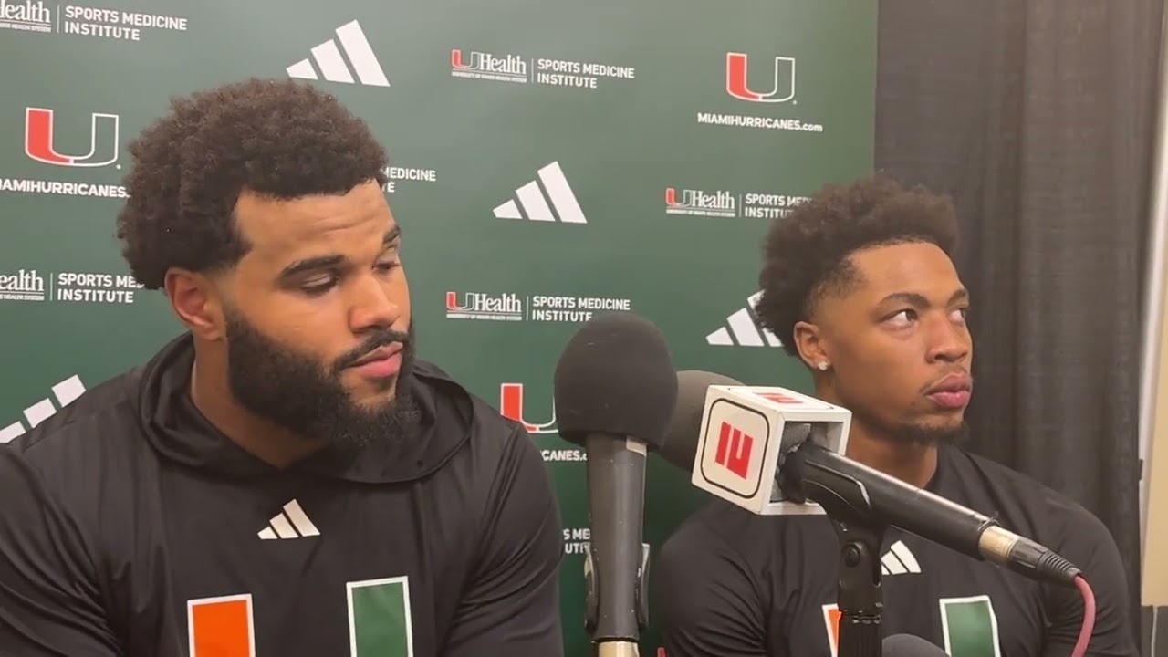 Miami Hurricanes WR CJ Daniels and DE Akheem Mesidor post-Florida State