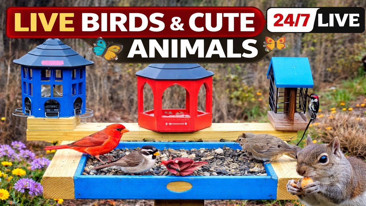 🔴LIVE Winter Cottage Bird Feeder: Cardinals, Woodpeckers, Snow Birds, Juncos, Sleep, Cat TV