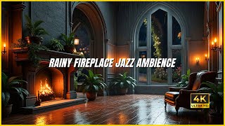 RAINY FIREPLACE JAZZ AMBIENCE (4K) | Cozy Night Music for Study, Sleep & Relaxation