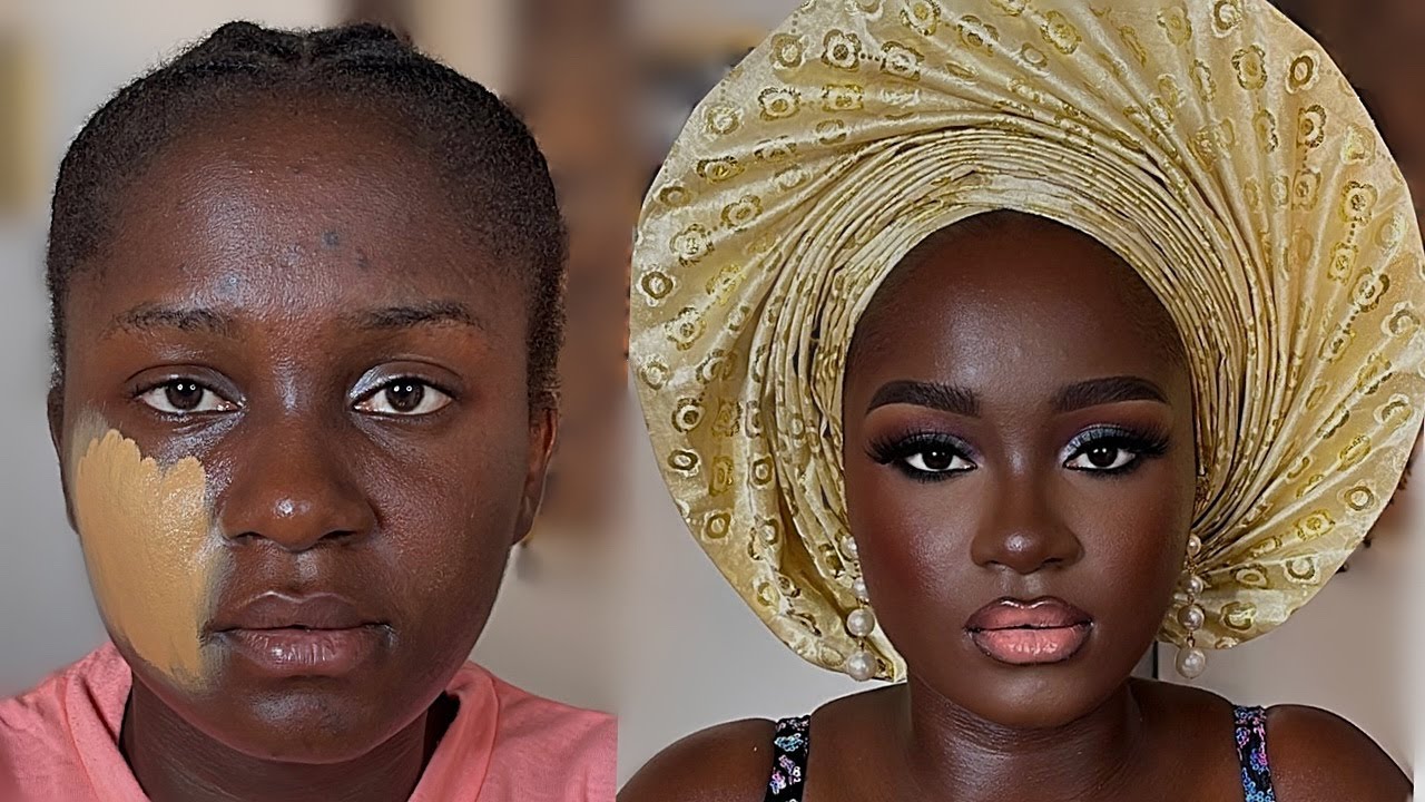 DARK SKIN MAKEUP TRANSFORMATION | NIGERIAL BRIDAL LOOK AND GELE