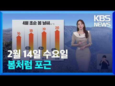 [날씨] 봄처럼 포근…오늘 제주·남부 비 / KBS  2024.02.14.