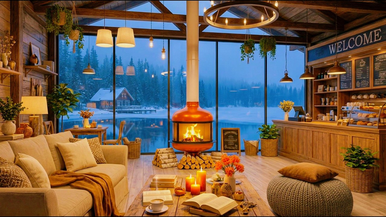 Winter Lakeside Coffee Shop Ambience ☕ Soft Jazz & Crackling Fireplace for Study, Work, Relax