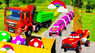 Double Flatbed Trailer Truck rescue Bus - Car Racing - Big & Small Truck Transportation with Tractor