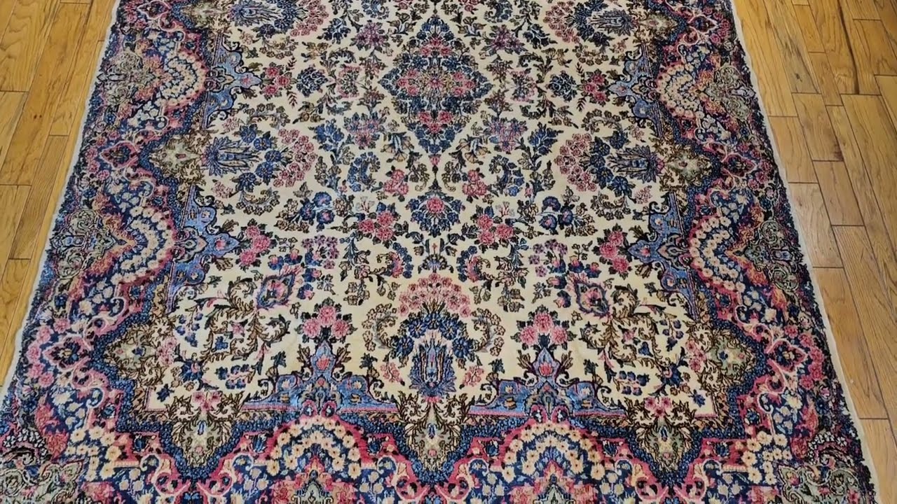 Vintage Persian Kerman in Allover Floral Bouquets in Ivory, Pink, Blue, The Persian Knot, SKU 1018