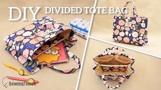 DIY Divided Tote Bag | Sewing tip to divide the inside of the bag with a zipper pocket [sewingtimes]
