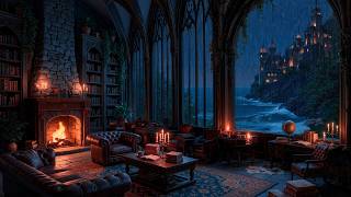 Cozy Seaside Library in Rainy Spring | Gothic Fireplace Ambience for Study, Relax | Dark Academia screenshot 4